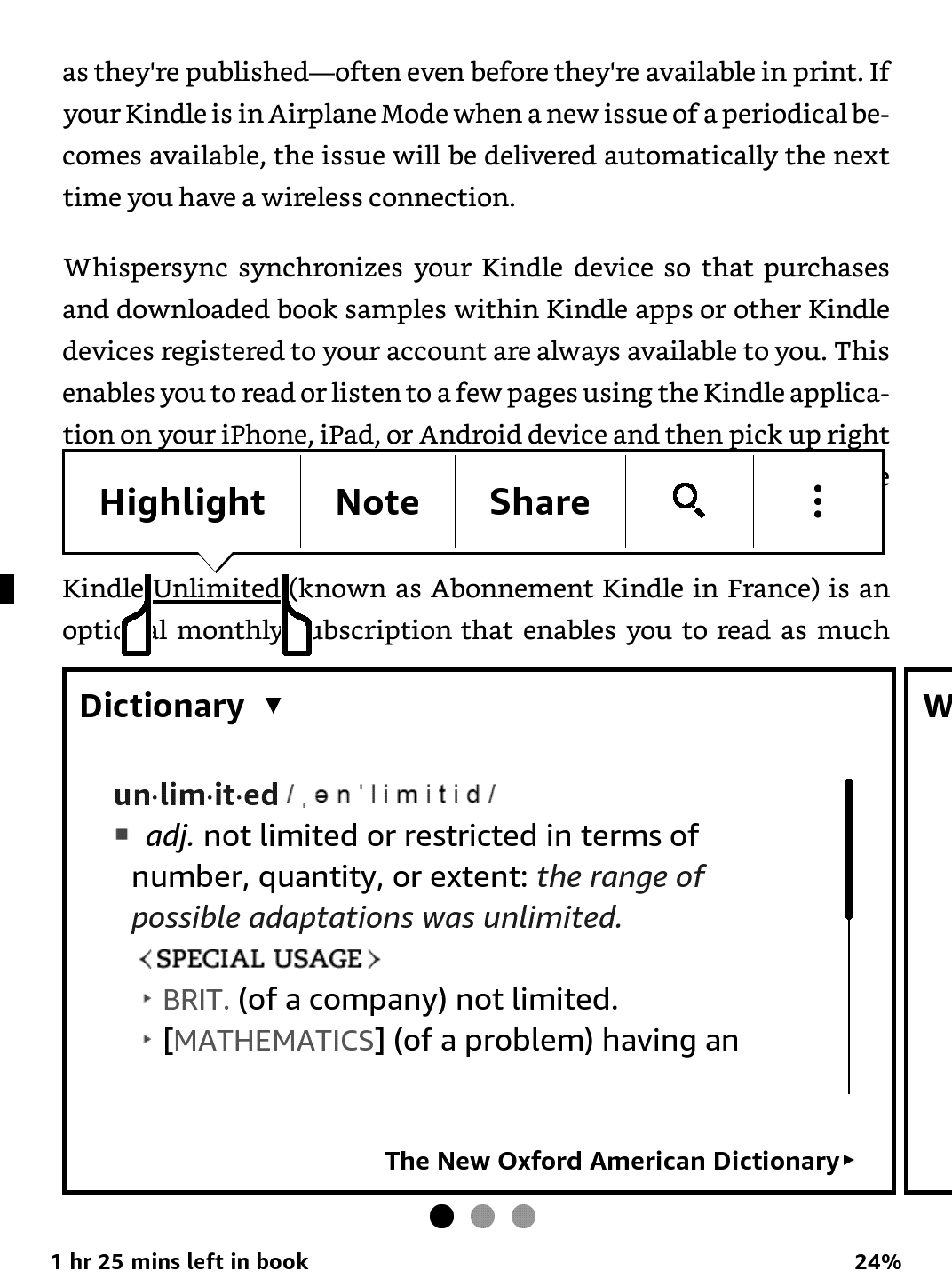 tłumaczenei słowa w trakcie czytania na kindle - zrzut ekranu