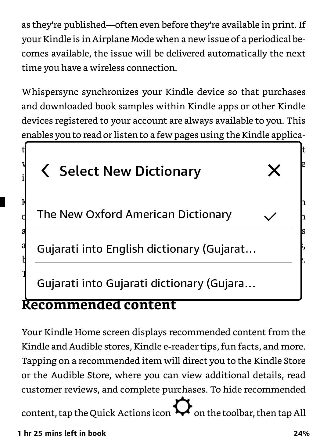 wybór domyślnego słownika na kindle - zrzut ekranu