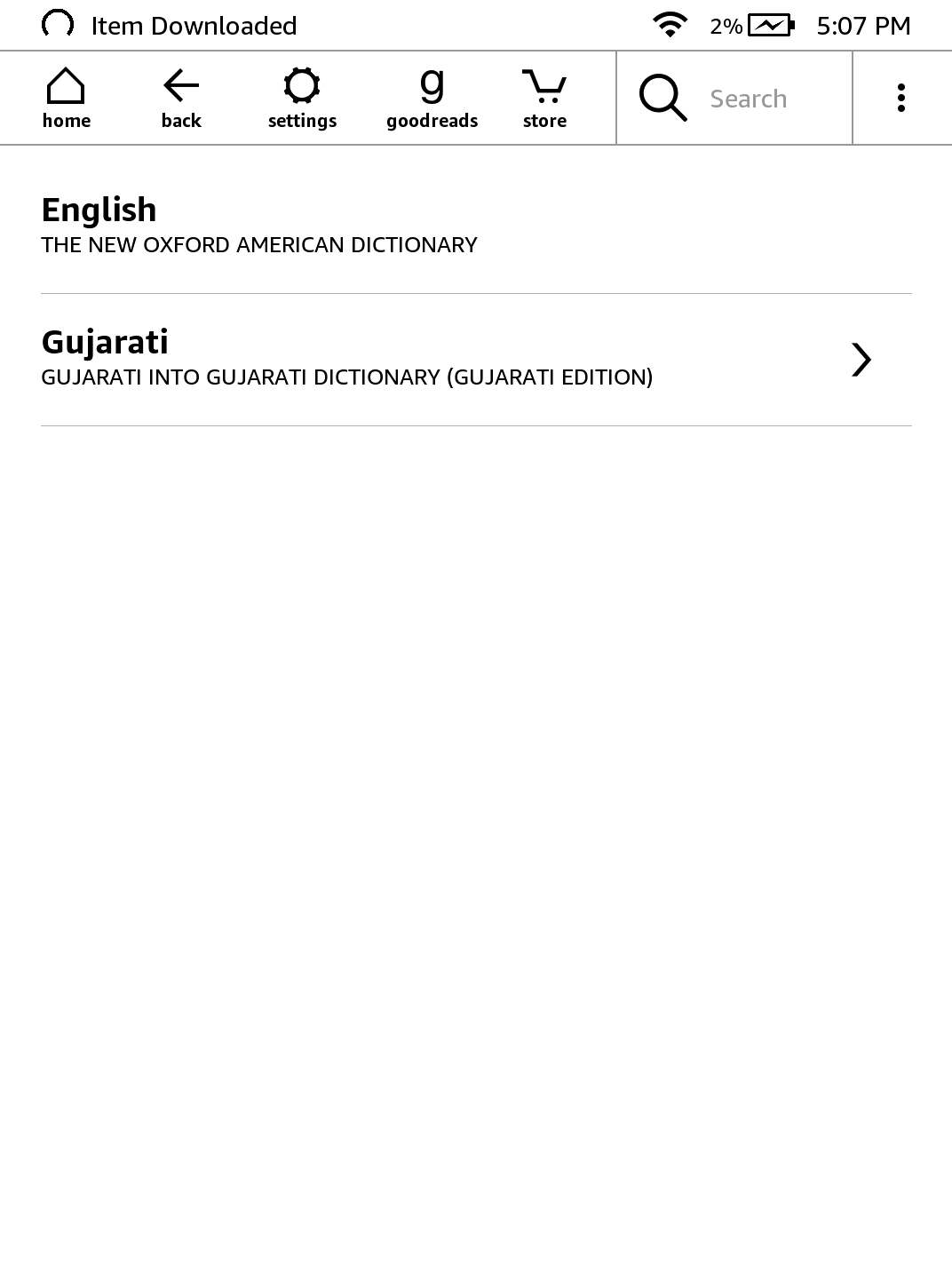 wybór języka słowników na kindle - zrzut ekranu