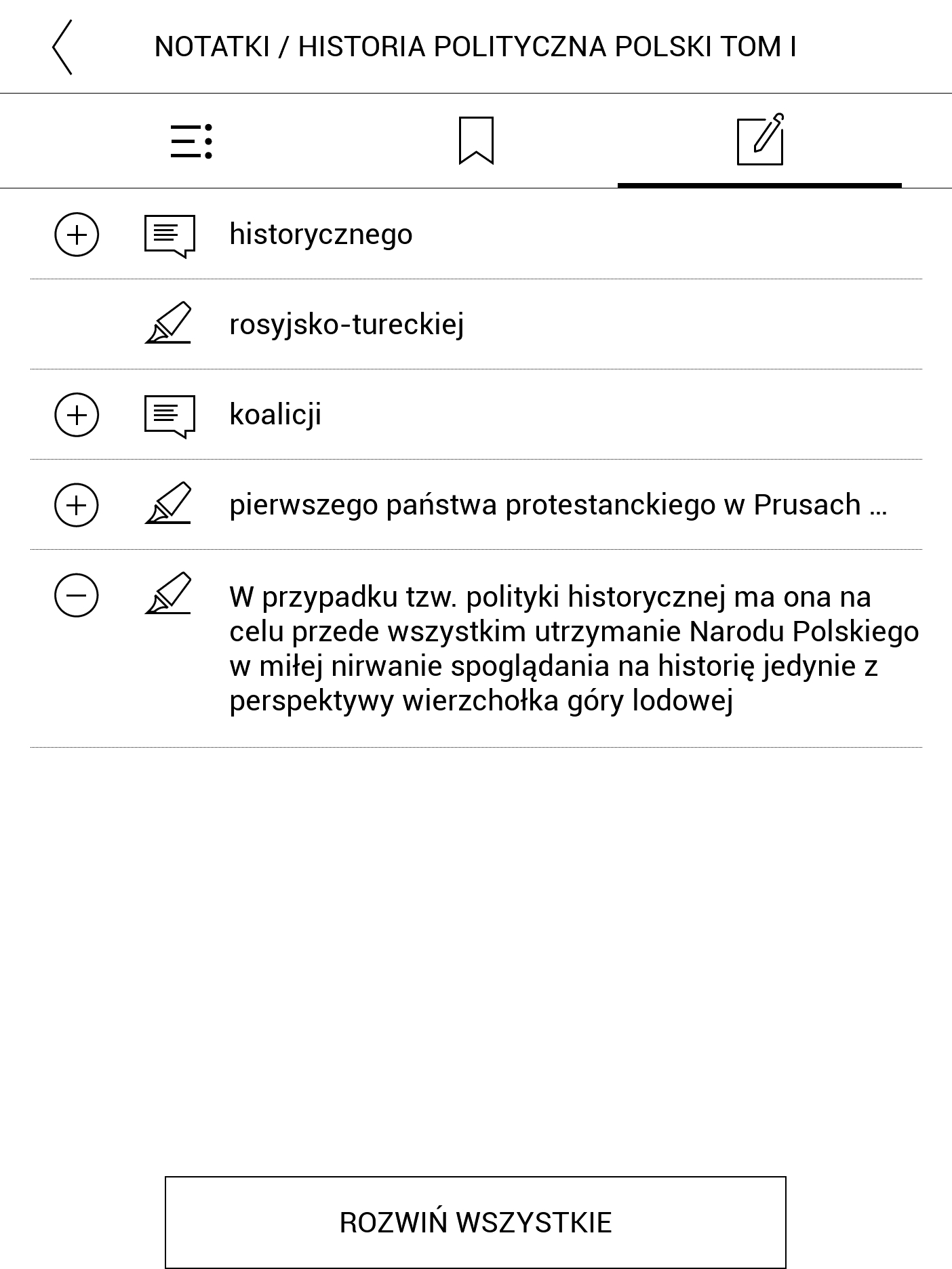 Przeglądanie podkreślonych fragmentów w spisie treści