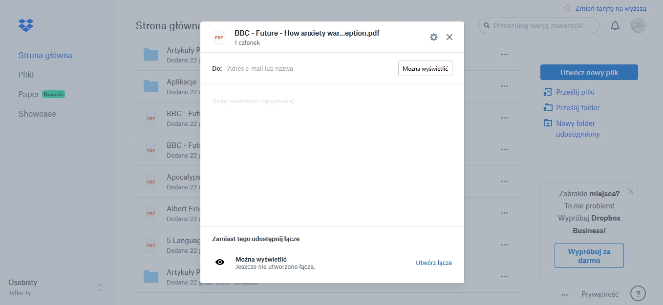 Udostępnianie plików z Dropboxa innym osobom