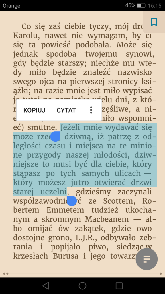 Oznaczanie fragmentów tekstu i wybieranie cytatów w aplikacji ReadEra