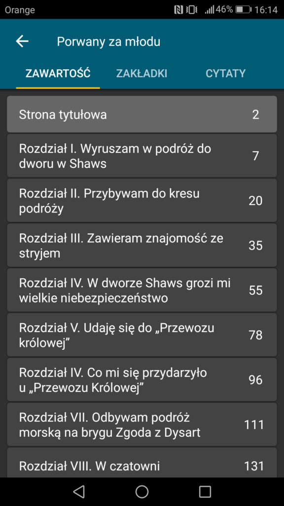 Podgląd zawartości książki w wersji elektronicznej (spis treści)