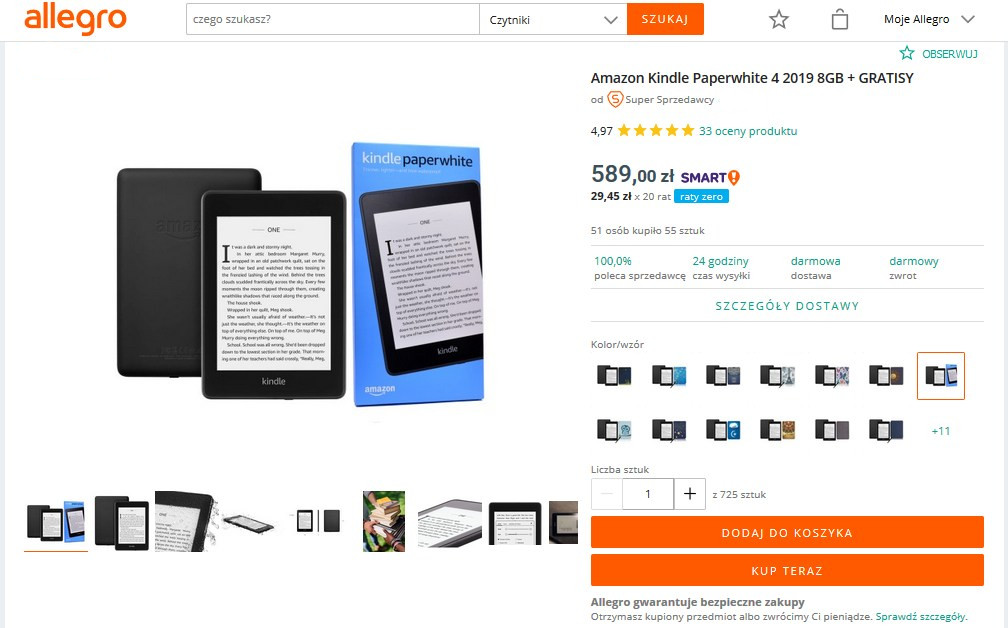 Kindle Paperwhite 4 do kupienia w serwisie Allegro