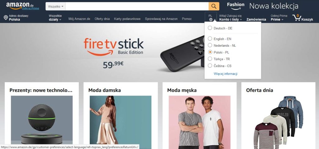 Wybór języka polskiego w serwisie Amazon.de