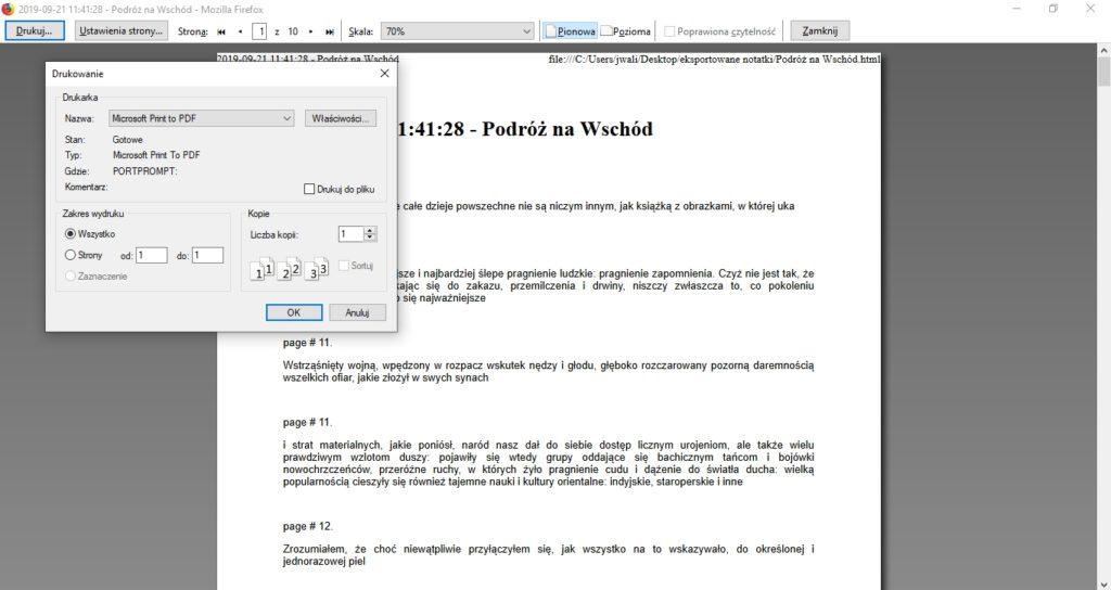 Zapisywanie pliku HTML w formie pliku PDF za pomocą opcji drukowania