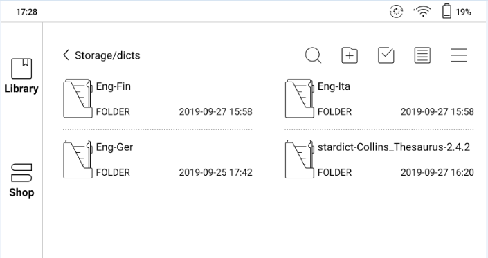 Podgląd katalogów ze słownikami na czytniku Onyx Boox