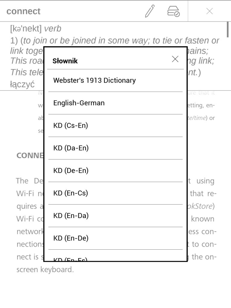 Wybór domyślnego słownika na czytniku ebooków