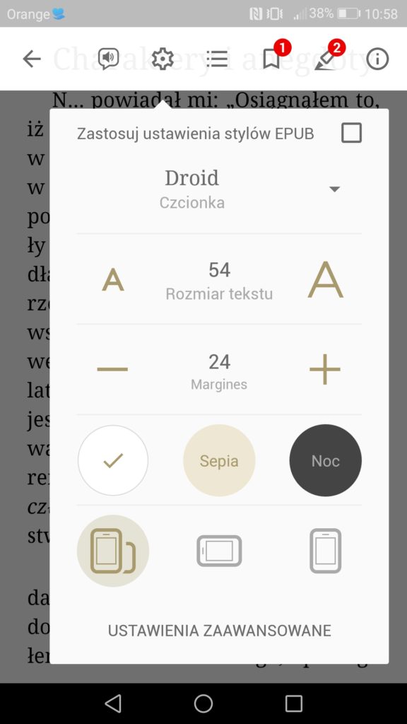 Personalizacja ustawień wyświetlania tekstu w aplikacji eReader Prestigio