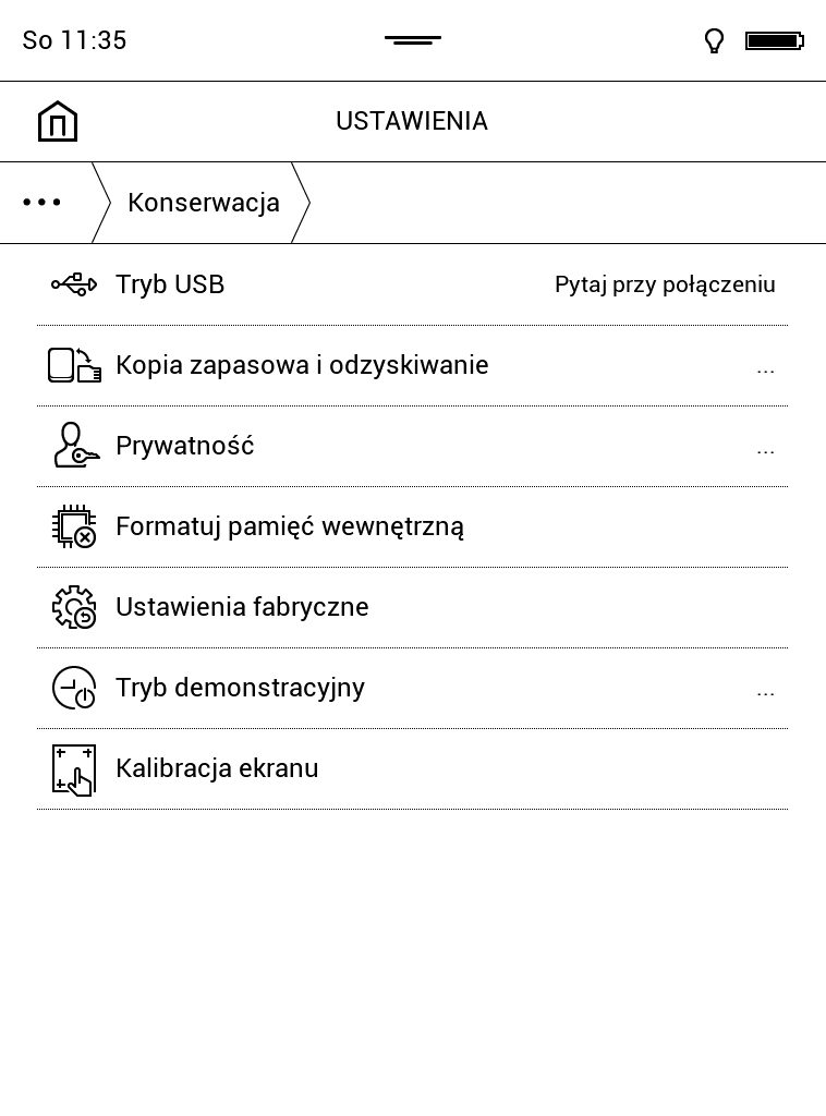 Podgląd ustawień konserwacji czytnika PocketBook