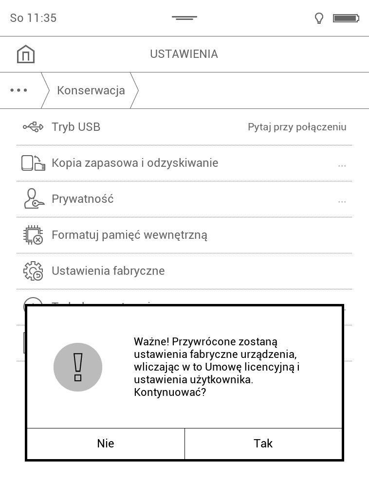 Przywracanie ustawień fabrycznych na PocketBooku