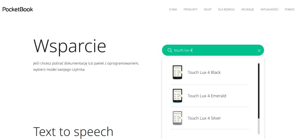 Wybór modelu czytnika ebooków na stronie producenta