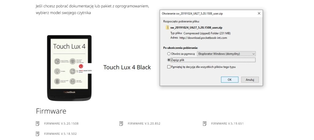 Pobieranie pliku z nową wersją oprogramowania na PocketBooka