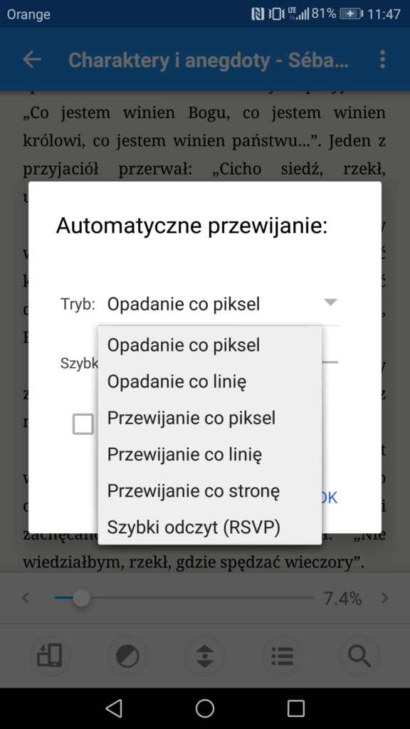 Opcje automatycznego przewijania tekstu w aplikacji Moon+ Reader