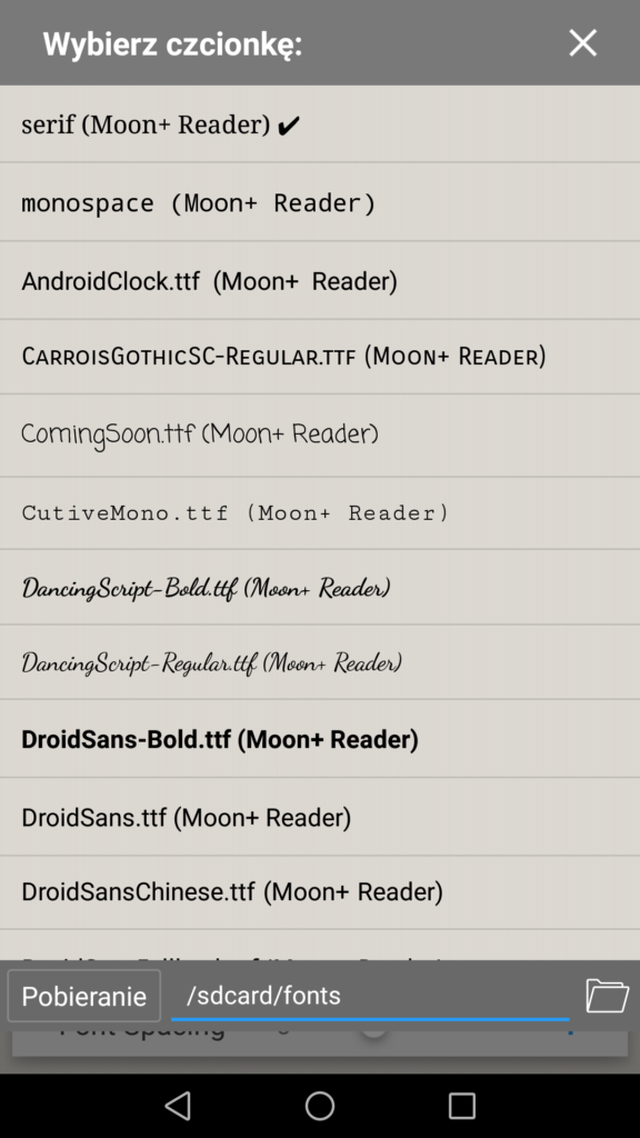 Wybór czcionki w aplikacji Moon+ Reader