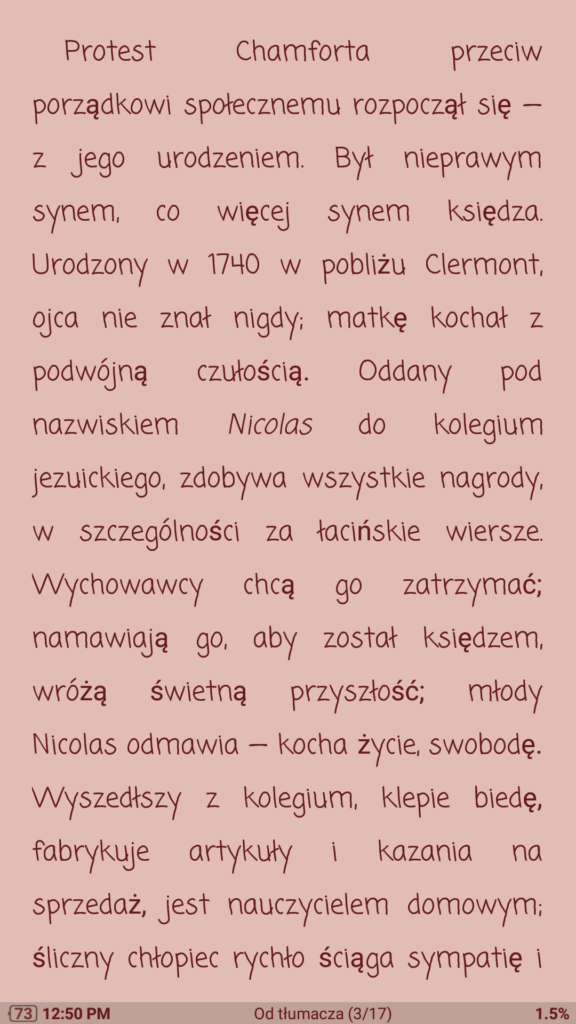 Różowy motyw w aplikacji Moon+ Reader