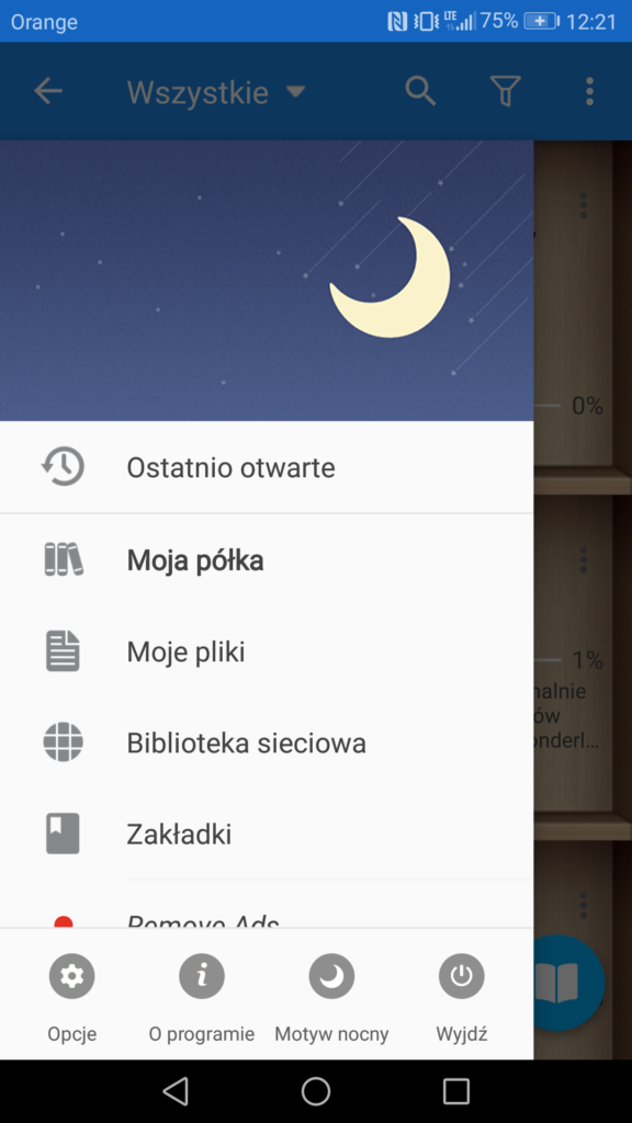 Rozwijany z lewej strony panel menu w aplikacji Moon+ Reader