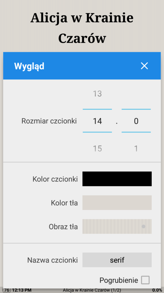 Personalizacja ustawień wyświetlania tekstu w aplikacji Moon+ Reader