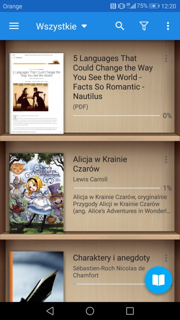 Pionowa półka na książki w aplikacji Moon+ Reader