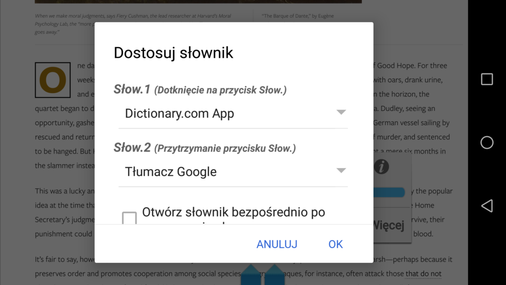 Wybór domyślnych słowników w aplikacji Moon+ Reader