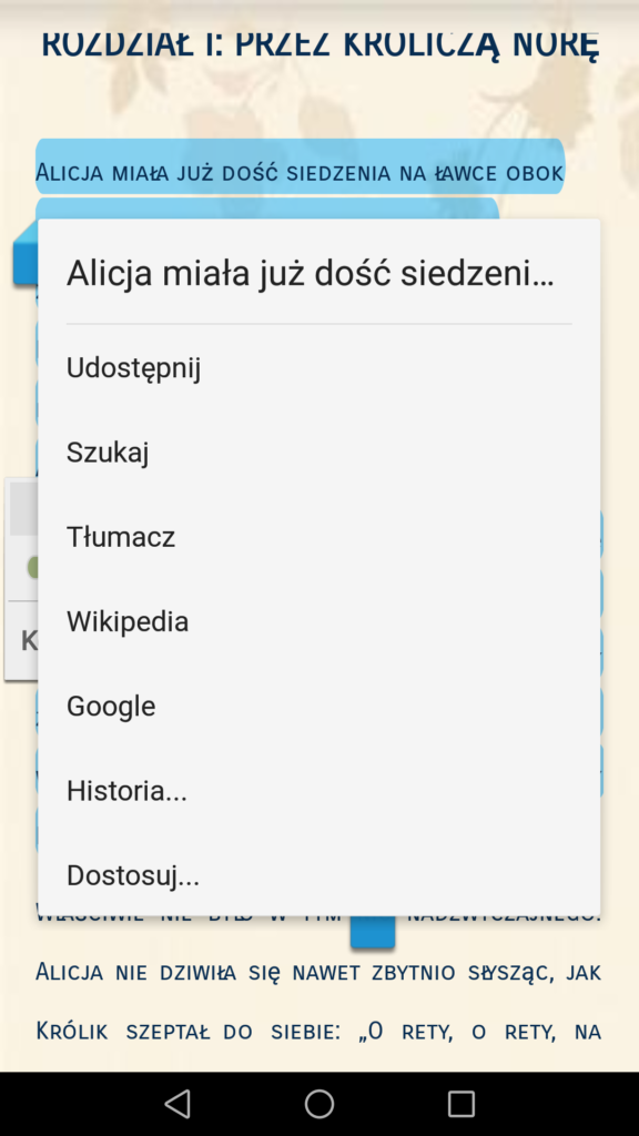 Sprawdzanie znaczenia terminu w wyszukiwarce Google lub na Wikipedii w aplikacji Moon+ Reader