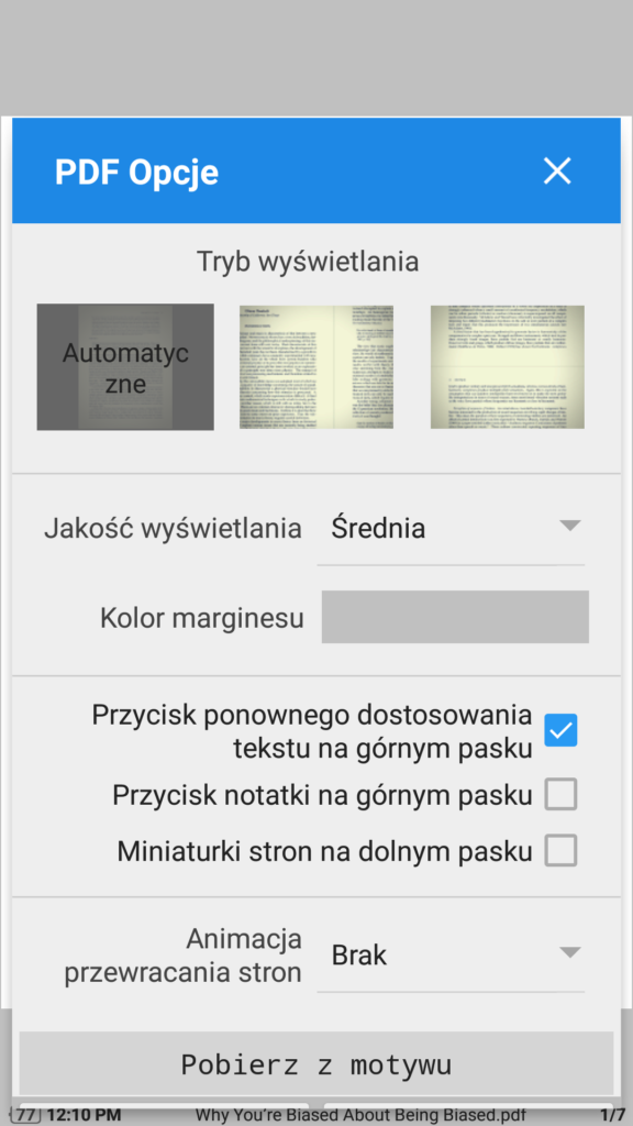 Opcje wyświetlania plików PDF w aplikacji Moon+ Reader