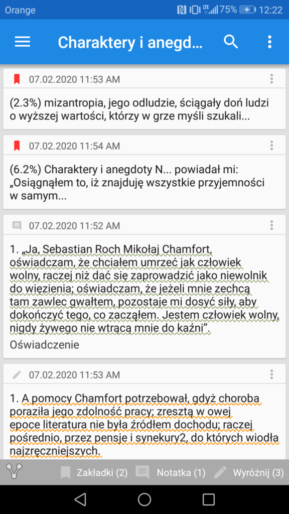 Podgląd zakładek, podkreśleń i notatek w aplikacji Moon+ Reader