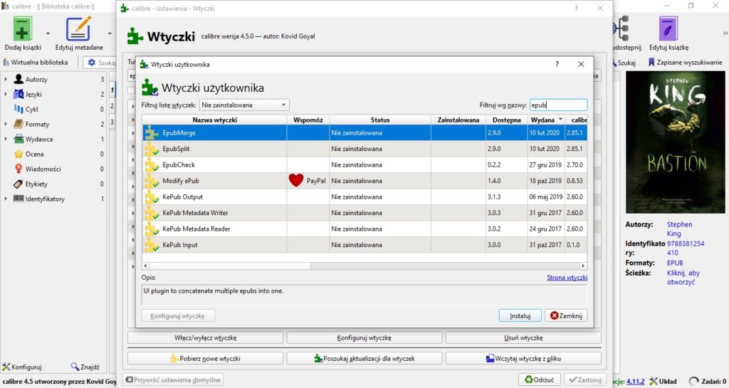 Pobieranie pluginu EpubMerge w programie Calibre