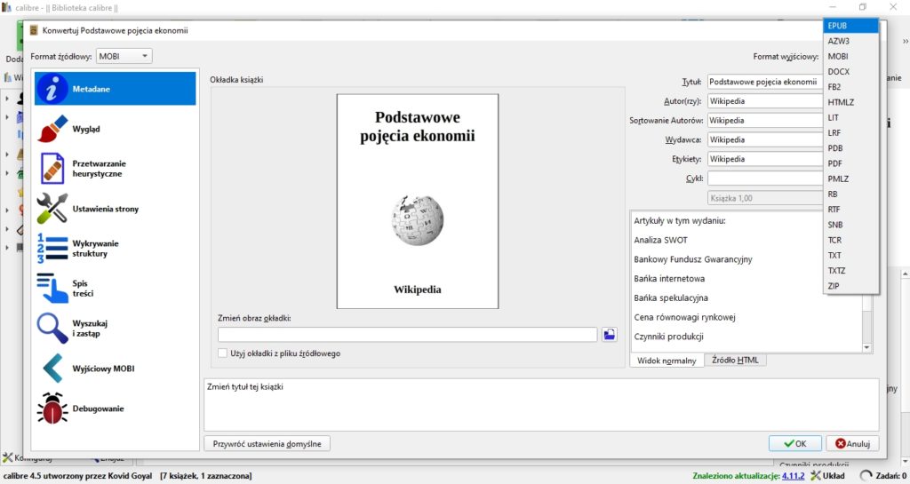 Zmiana formatu ebooka z MOBI na ePUB w programie Calibre