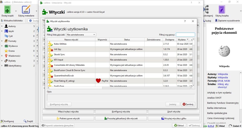 Pobieranie wtyczek w programie Calibre
