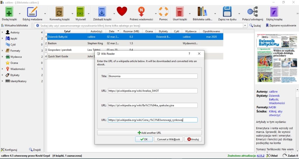 Tworzenie ebooków z artykułów z Wikipedii w programie Calibre