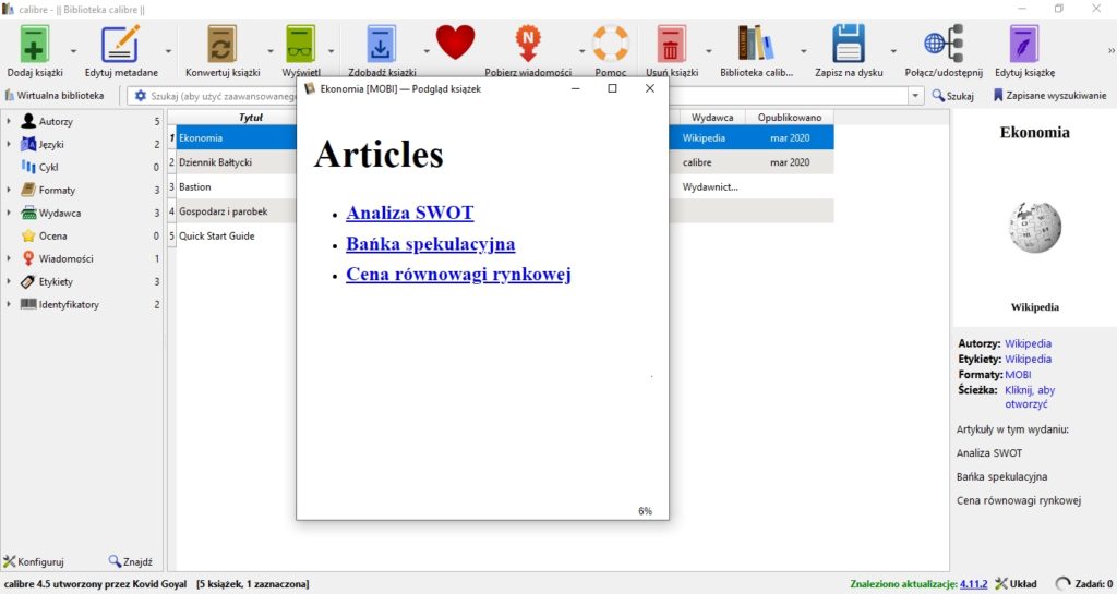 Podgląd ebooka stworzonego z artykułów z Wikipedii w programie Calibre