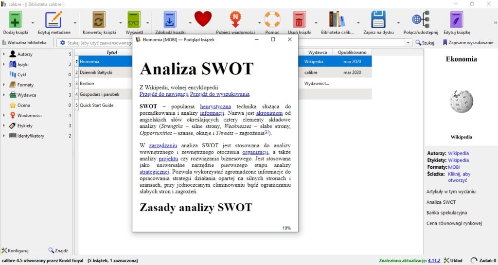 Podgląd ebooka stworzonego z artykułów z Wikipedii w programie Calibre