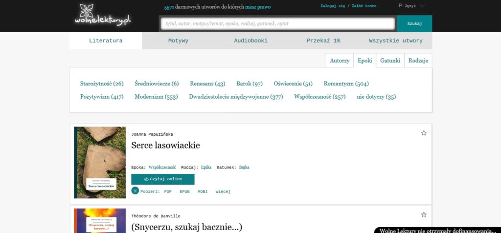 Podział darmowych ebooków na epoki w serwisie WolneLektury.pl