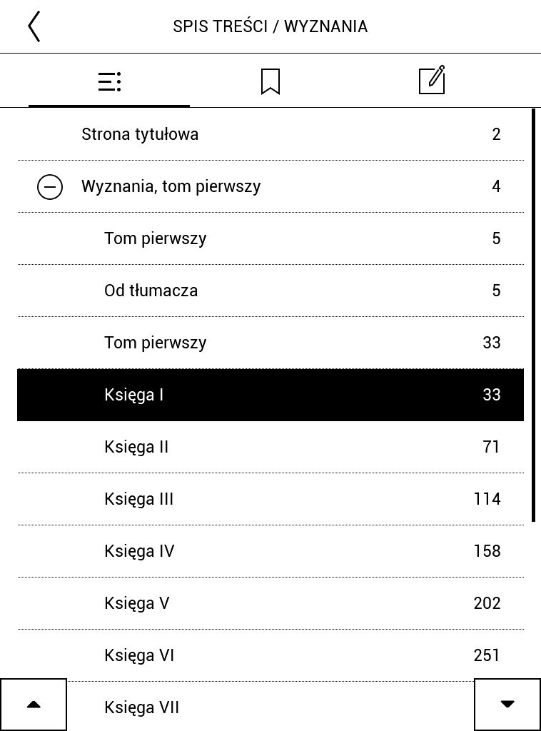 Spis treści "Wyznań" Rousseau na czytniku ebooków