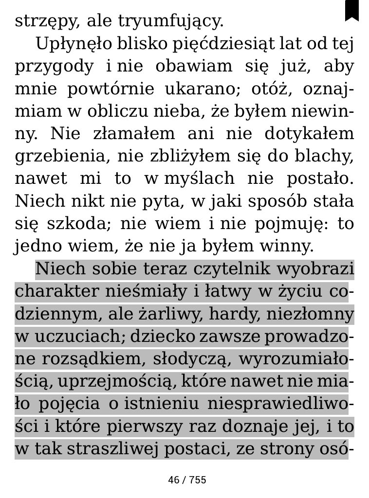 Podkreślony fragment "Wyznań" Rousseau na czytniku ebooków