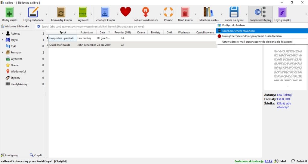 Uruchamianie serwera zawartości w programie Calibre