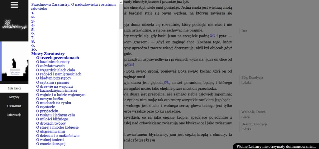 Szczegółowy spis treści ebooka "Tako rzecze Zaratustra" (w przeglądarce internetowej)