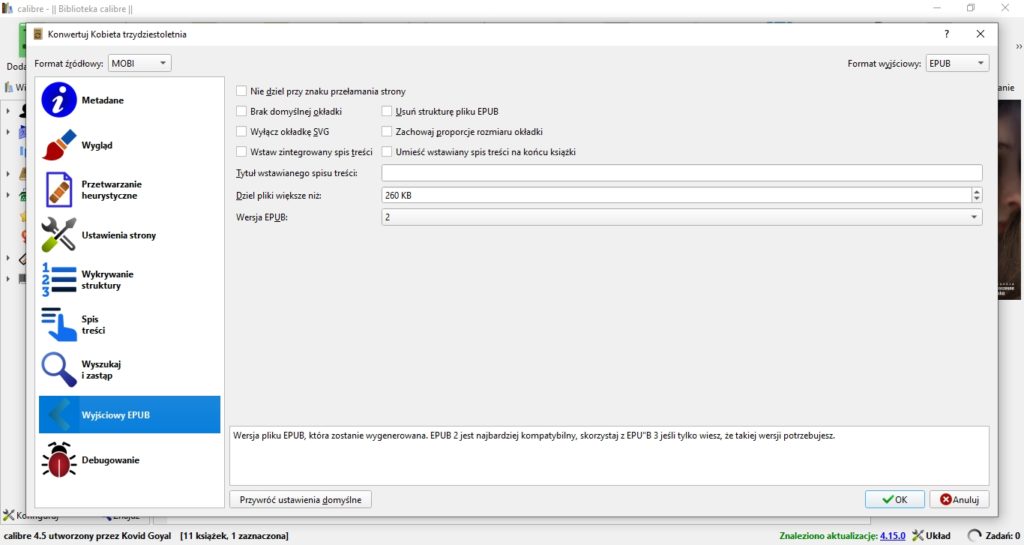 Określanie parametrów wyjściowych konwertowanego ebooka w programie Calibre