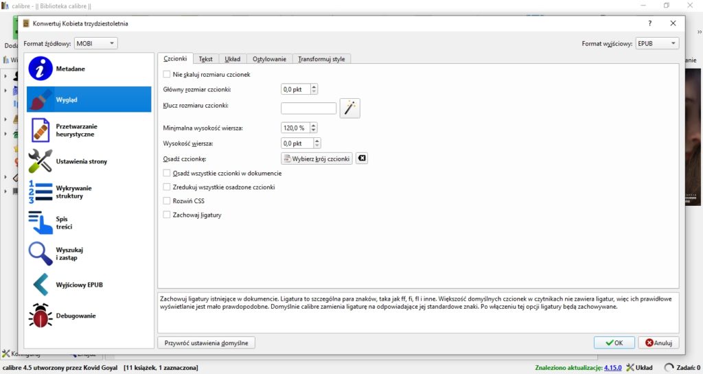 Zmiana wyglądu konwertowanego ebooka w programie Calibre