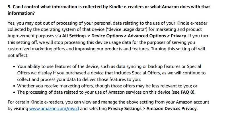 Informacje o zbieraniu danych na temat użytkowników Kindle w FAQ Amazon