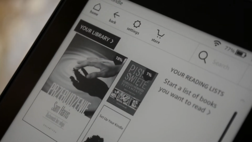 Podgląd ekranu głównego na czytniku ebooków Kindle