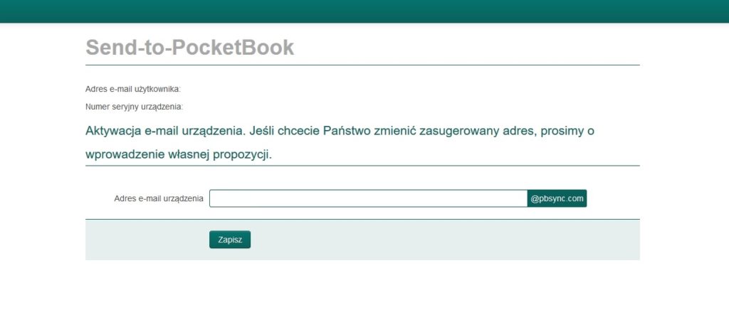 Wybór adresu e-mail czytnika ebooków w usłudze Send-to-PocketBook