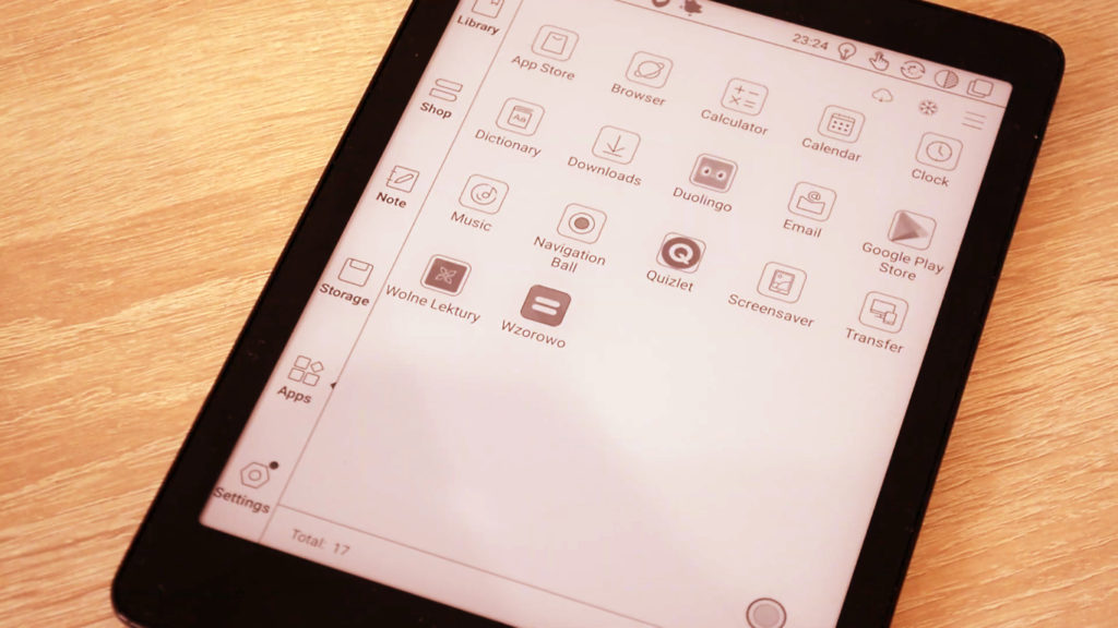 Menu aplikacji na czytniku Onyx Boox