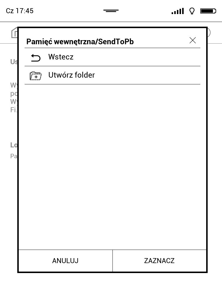 Wybór folderu zapisu pobieranych ebooków w usłudze Send-to-PocketBook