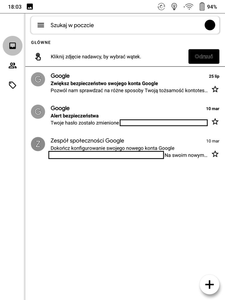 Poczta Gmail na czytnikach Onyx Boox