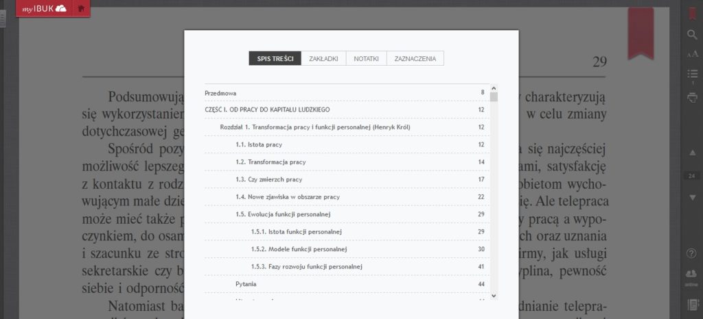 Spis treści ebooka w aplikacji myIBUK