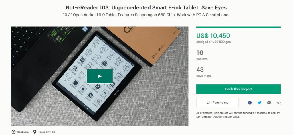 Dasung Not-eReader 103 na Kickstarterze