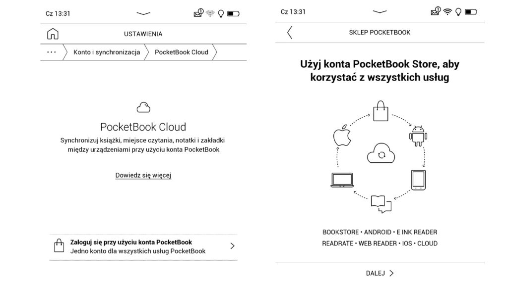 PocketBook Cloud na czytniku ebooków