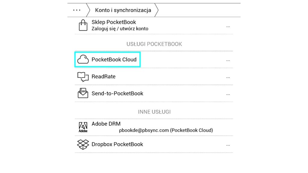 Ikona PocketBook Cloud w ustawieniach